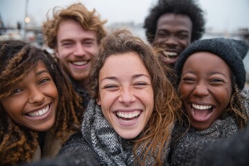 Obraz premium Group of five diverse friends smiling broadly while posing for a selfie outdoors in a winter setting, with blurred background of a harbor and cloudy sky