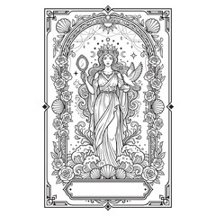 Fototapeta premium Mystical Tarot Card Design Featuring an Esoteric Goddess with a Mirror and Dove, Occult Line Art Illustration for Coloring