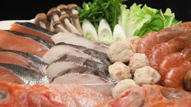  Fresh seafood hot pot ingredients beautifully arranged on dark plate for traditional Japanese dining