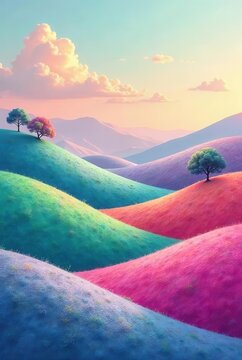 Dreamlike Pastel Hillscape Solitary Trees Adorn Vibrant Rolling Meadows Under a Serene Sunset Sky