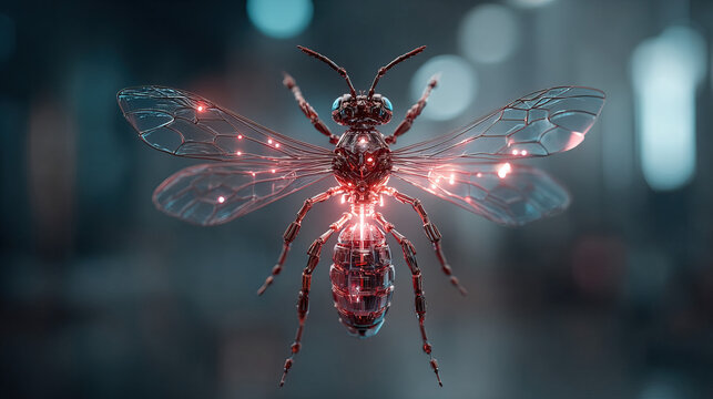 Close up of futuristic nanoscale medical drone with glowing neon holographic projections