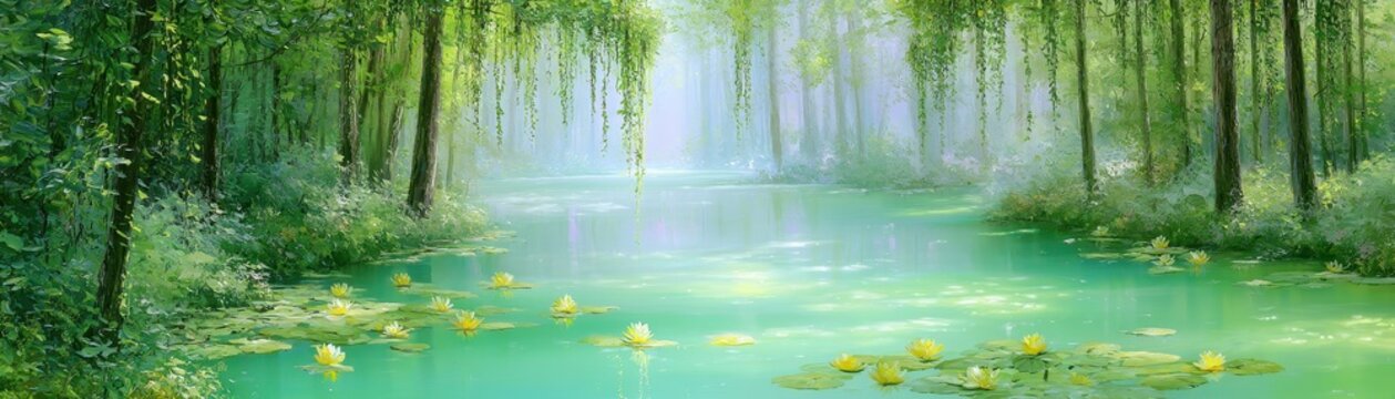 Tranquil forest stream surrounded by lush green trees and blooming yellow water lilies in soft morning light