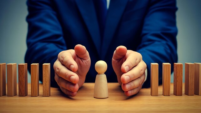 Business protection concept with hands shielding person from falling domino effect