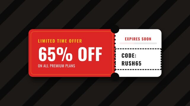 Animated discount ticket, limited time offer 65% off premium plans, floating coupon with expiration code, seamless loop, symbolizing savings and urgency, representing business and marketing.