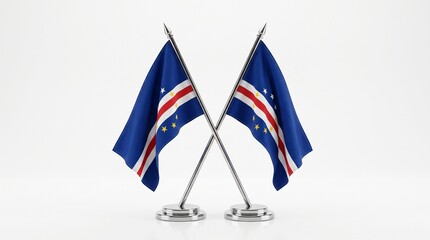Fototapeta premium Two Cape Verde flags cross in golden symmetry, stars encircling heritage, symbolizing unity, resilience, and national pride, celebrating culture, identity, and the enduring spirit of Cape Verde.