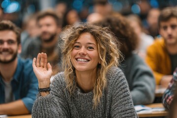 Fototapeta premium Young woman with curly hair raises hand in classroom filled with students, engaged in discussion during a lecture in a modern educational setting