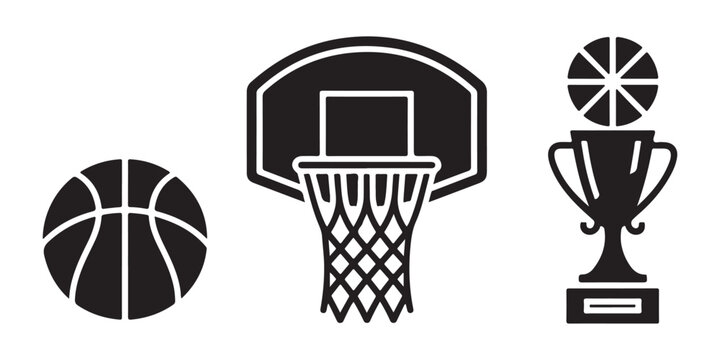 Basketball sports icons set with ball hoop and trophy cup symbols for championship game and team awards.