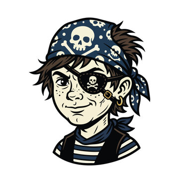 Cartoon illustration of a young pirate boy wearing a bandana and eyepatch.