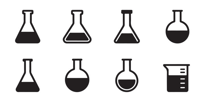 Laboratory flasks vector icon set isolated on transparent background, chemistry lab equipment in flat design.