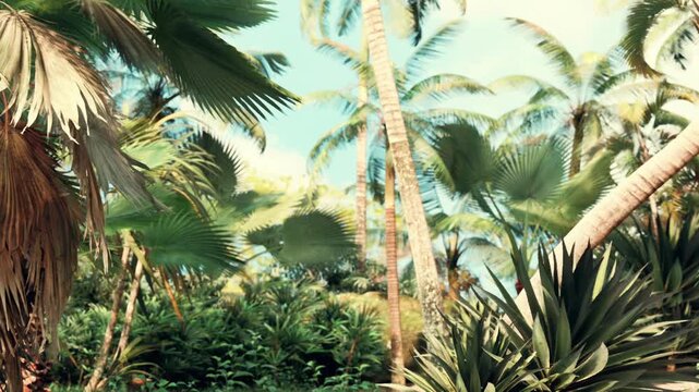 Many green plants in a tropical garden. Tall palm trees stretch towards the sky, creating a vibrant setting. Sunlight shines through the leaves.