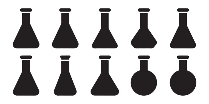 Set of black erlenmeyer flask icons and round bottom flasks for chemistry laboratory equipment.