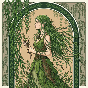 Enchanting forest nymph illustration in art nouveau style.