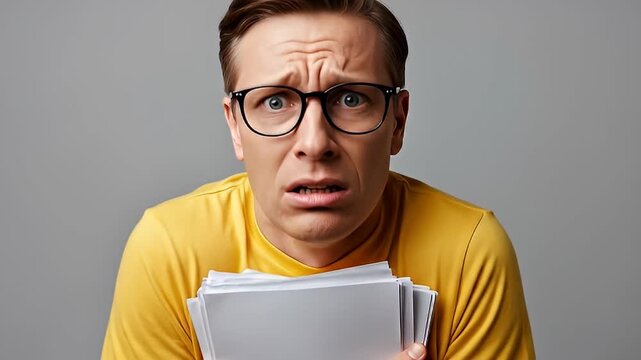 Anxious Student Clutching Papers Expressing Fear