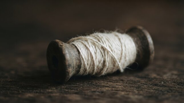 Vintage wooden spool with white thread on rustic dark wood background, antique sewing supplies for textile crafts, tailoring concept, handmade hobby and DIY project materials