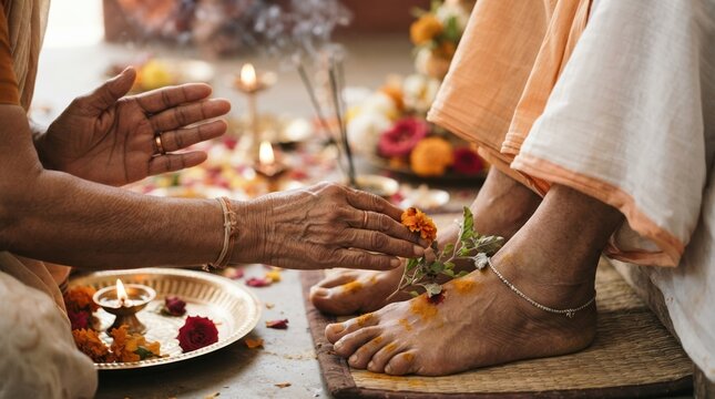 Elderly Indian Woman Performing Traditional Charan Sparsh Ritual Offering Flowers to Feet of Spiritual Teacher or Elder for Blessings and Respect in Hindu Culture