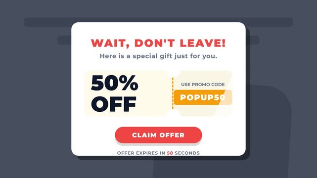 Animated promotional popup, vibrant discount offer with 50% off and promo code, dynamic countdown timer, symbolizing urgency, marketing, and sales strategy