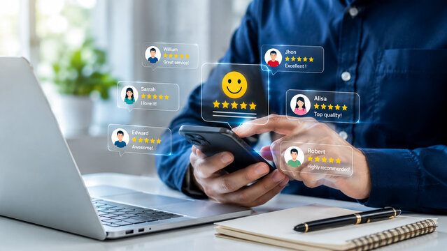 Customer using a smartphone to give a five star testimonial review with multiple user feedback alerts.