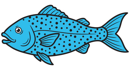 Blue Fish Illustration With Black Spots And Outline On White Background © JOHIRUL_STUDIO