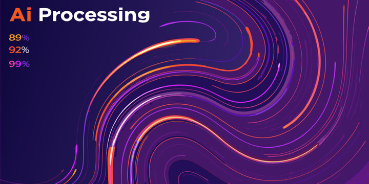 swirling lines on dark purple background abstract vector graphic pattern flowing curved waves motion dynamic technology data processing artificial intelligence