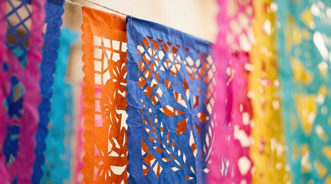 Colorful Papel Picado Bunting Hanging Decorations for Mexican Fiesta Celebration and Traditional Cultural Party Decor Background