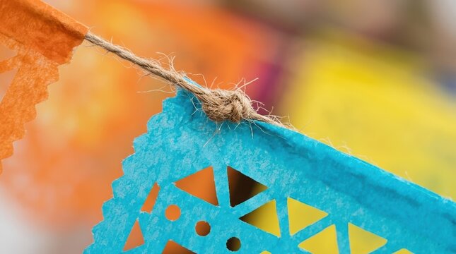 Close up of blue papel picado flag hanging on rustic twine string for traditional Mexican celebration decor and festive party background