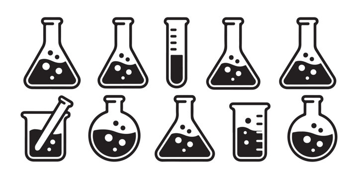 Set of scientific laboratory equipment icons with erlenmeyer flasks round bottles beakers and test tubes.