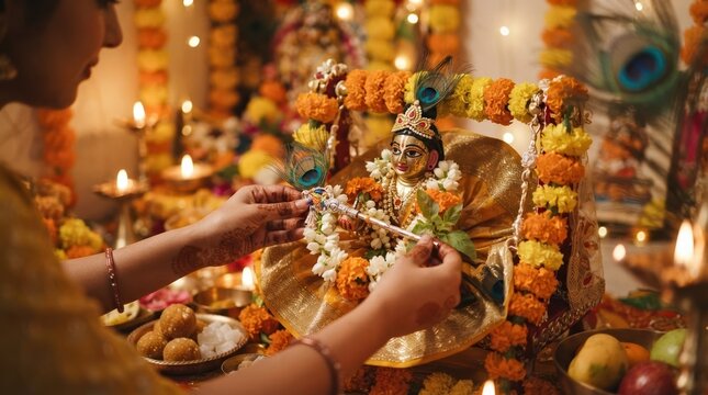 Devout Indian woman performing puja ritual for Laddu Gopal idol on decorated swing during Janmashtami festival celebration at home
