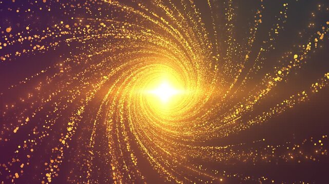 Golden cinematic spiral galaxy particle vortex bright central flare, swirling dust trails, glowing dots, cosmic motion depth. magic videos, luxury reveals, science intros, space backgrounds, energy ,