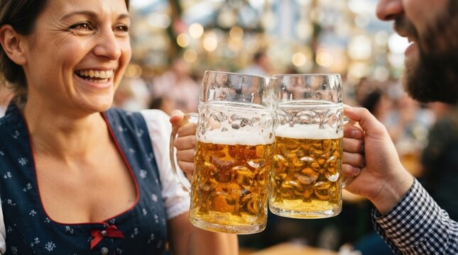 Happy Caucasian woman and man toasting with large beer mugs at a traditional festival celebration, enjoying authentic German culture and social gathering