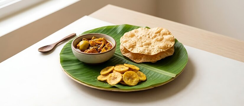 Banana leaf plate with mango pickle, papadum and banana chips on white table with wooden spoon