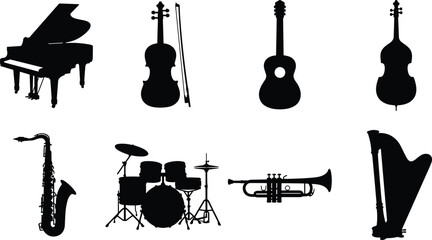 Musical instruments black silhouette vector icons set featuring grand piano violin acoustic guitar cello saxophone drums trumpet and harp © MdMehedi