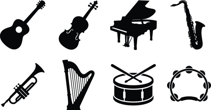Musical instruments black silhouettes vector set isolated on white background for orchestra concert and festival menu design