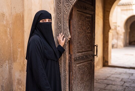 A woman in a black niqab standing by an ornate carved wooden door in a historic moroccan courtyard