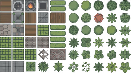 Extensive Collection Of Landscape Design Elements Featuring Top View Vector Icons Of Paving, Decking, And Various Garden Plants © Hena