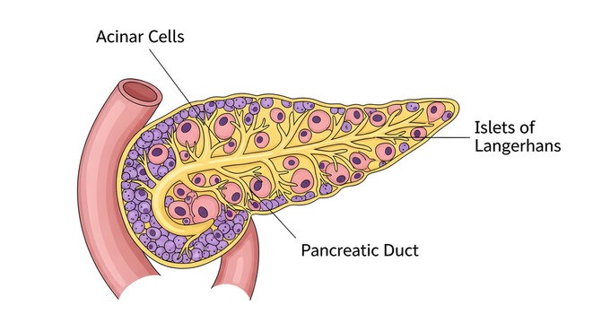 Detailed medical illustration of the pancreas with acinar cells and islets of langerhans for educational purposes