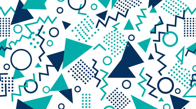 Vibrant teal and dark blue memphis pattern with geometric triangles and circles background.