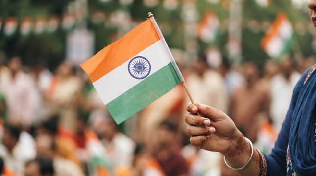 Close up of an Indian woman hand holding a small national flag with henna patterns during a public celebration event representing patriotism and national pride