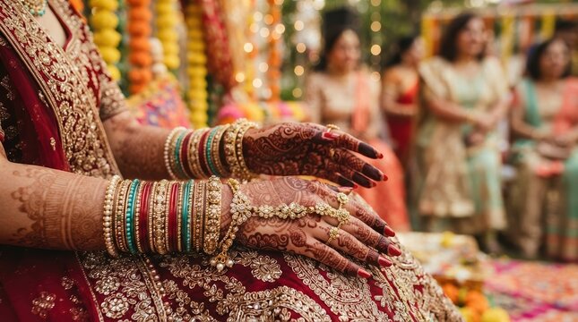 Close up of Indian bride hands with intricate henna mehndi design and traditional red bangles for wedding ceremony celebration and cultural marriage traditions