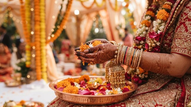 Indian bride hands holding marigold flowers over ceremonial thali plate with diya lamp during traditional Hindu wedding ceremony ritual closeup