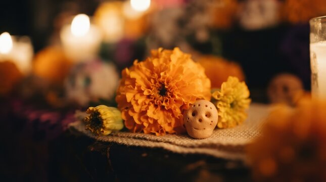 Marigold flower and small clay skull figurine on burlap fabric, traditional altar decoration for remembrance, spiritual memorial concept, warm candlelight background