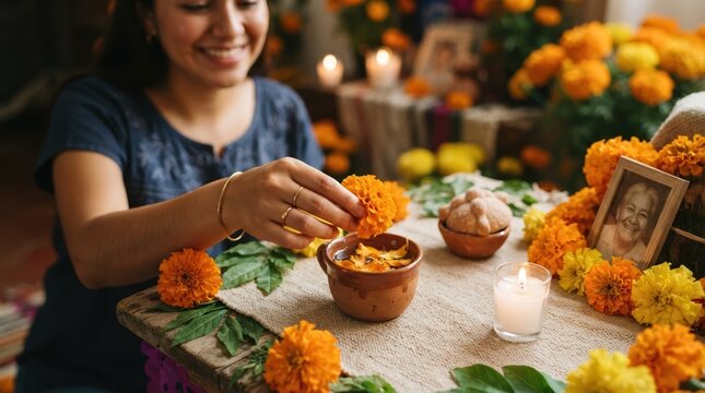 Young Hispanic woman decorating traditional altar with marigold flowers for remembrance ceremony, honoring deceased ancestors with candles and bread, cultural heritage concept