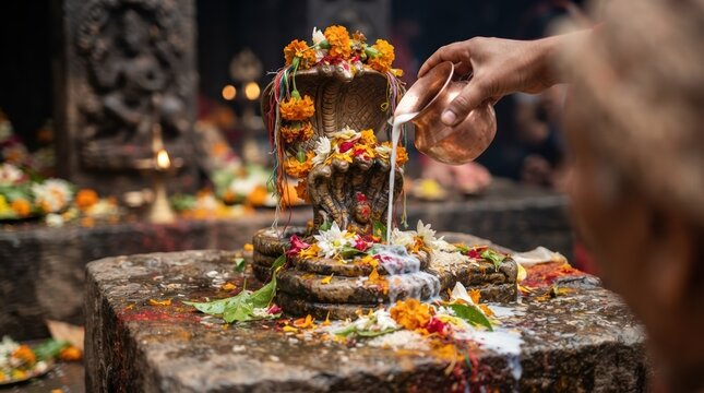 Hindu Ritual Abhishekam Offering Milk to Shiva Lingam Statue with Cobra Hood and Marigold Flowers for Spiritual Worship and Traditional Religious Ceremony