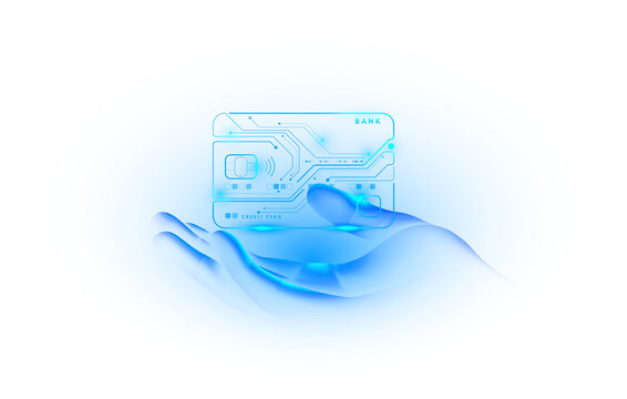 Futuristic virtual hand holding digital payment credit card for finance banking technology isolated png background