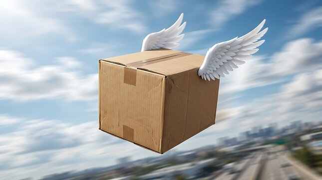 A brown cardboard shipping box with white feathered wings flying through the air above a blurred city highway and landscape background
