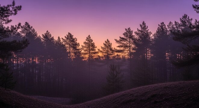 Photorealistic hazy purple twilight sky over the silhouette of a dense pine forest in the distance