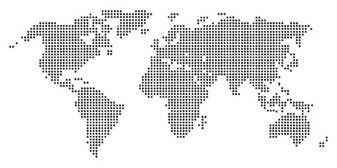 world map silhouette created from black dots on white background geography global continents oceans dotwork vector graphic design pattern modern © Rina