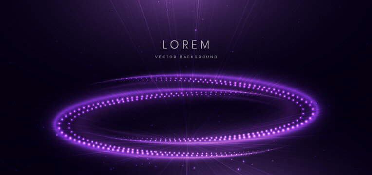 Elegant glowing purple curved rays and dotted glowing on dark purple background.