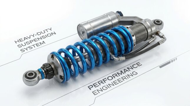 Shock absorber with a bright blue coil sits on a technical blueprint with engineering labels.
