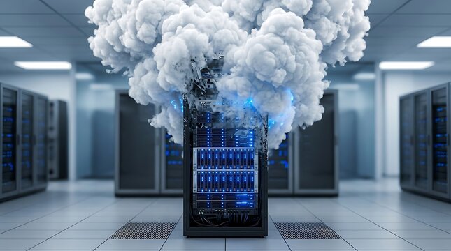 A server rack in a data center engulfed by a large, thick white cloud, symbolizing cloud computing, data storage, and network infrastructure