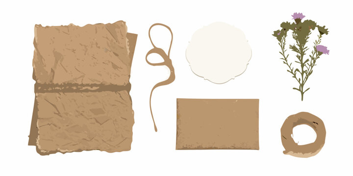 rustic flat lay arrangement with wildflowers and textured paper natural botanical roll string ring square frame vector illustration white background